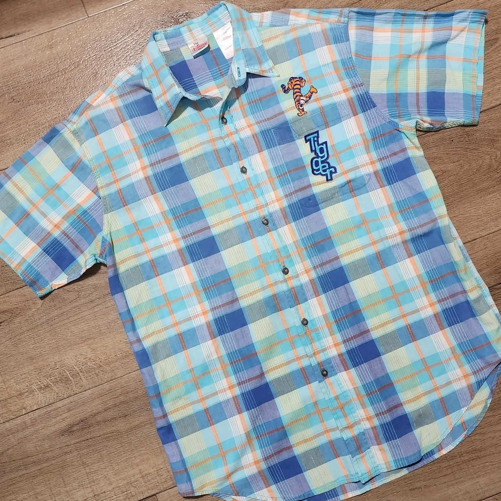 Disney Store Tigger Plaid Button Down Shirt Mens Large‎ Blue Orange Short Sleeve